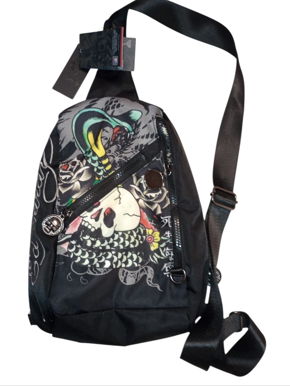 Ed Hardy Black Graphic Snake & Skull Black Crossbody Sling Bag, NWT
